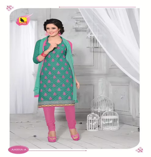 Abha A Cotton Green & Purple Color Unstitched Suit