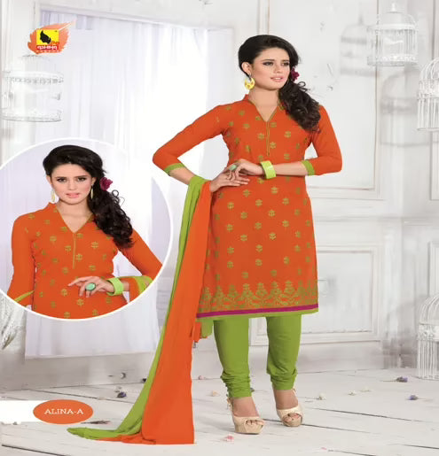Alina-A Cotton Pink & White Color Unstitched Suit