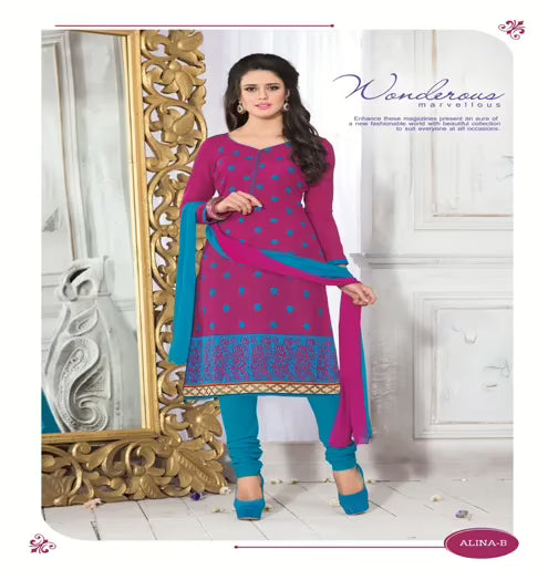 Alina-B Cotton Green & Pink Color Unstitched Suit