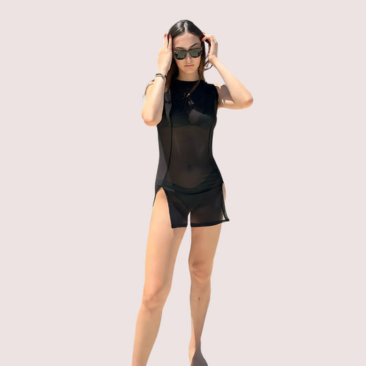 Maison Allure Sheer Black Mini Dress with Dual Open Slits