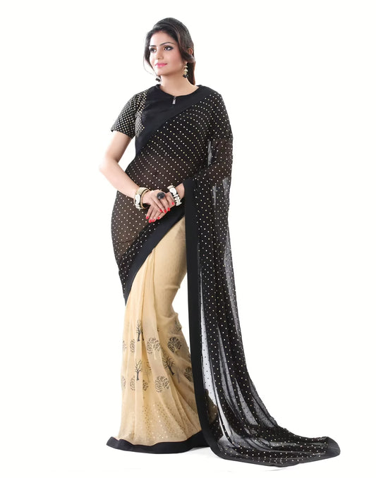 Club Art Decor Designer Black and Cream Saree with Designer Black Blouse