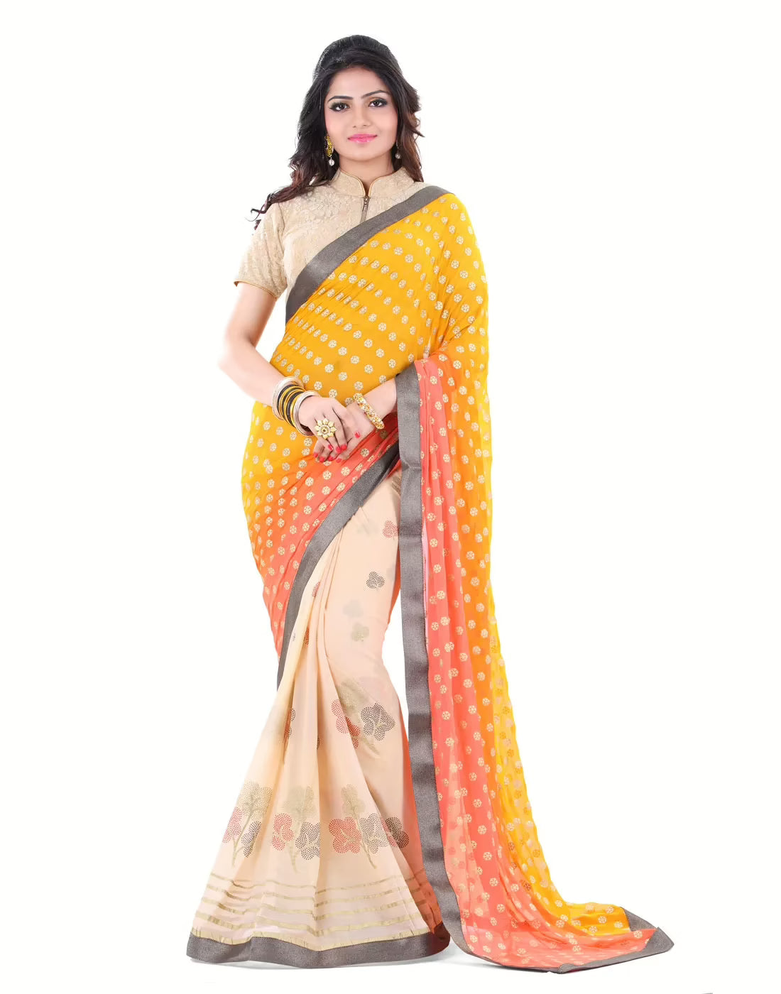 Club Art Decor Designer Yellow and Cream Saree with Designer Gold Blouse