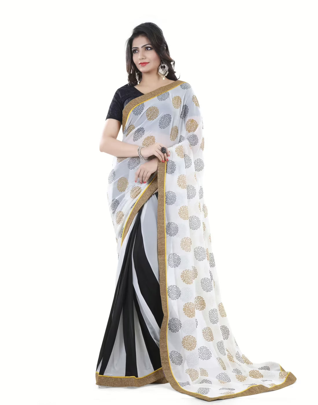 Club Art Decor Designer White And Black Saree with Designer Black Blouse