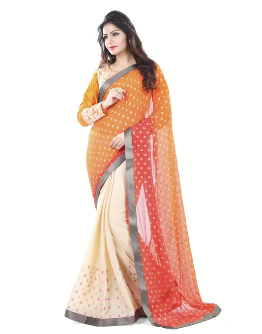 Club Art Decor Designer Orange And Cream Saree with Designer Orange Blouse