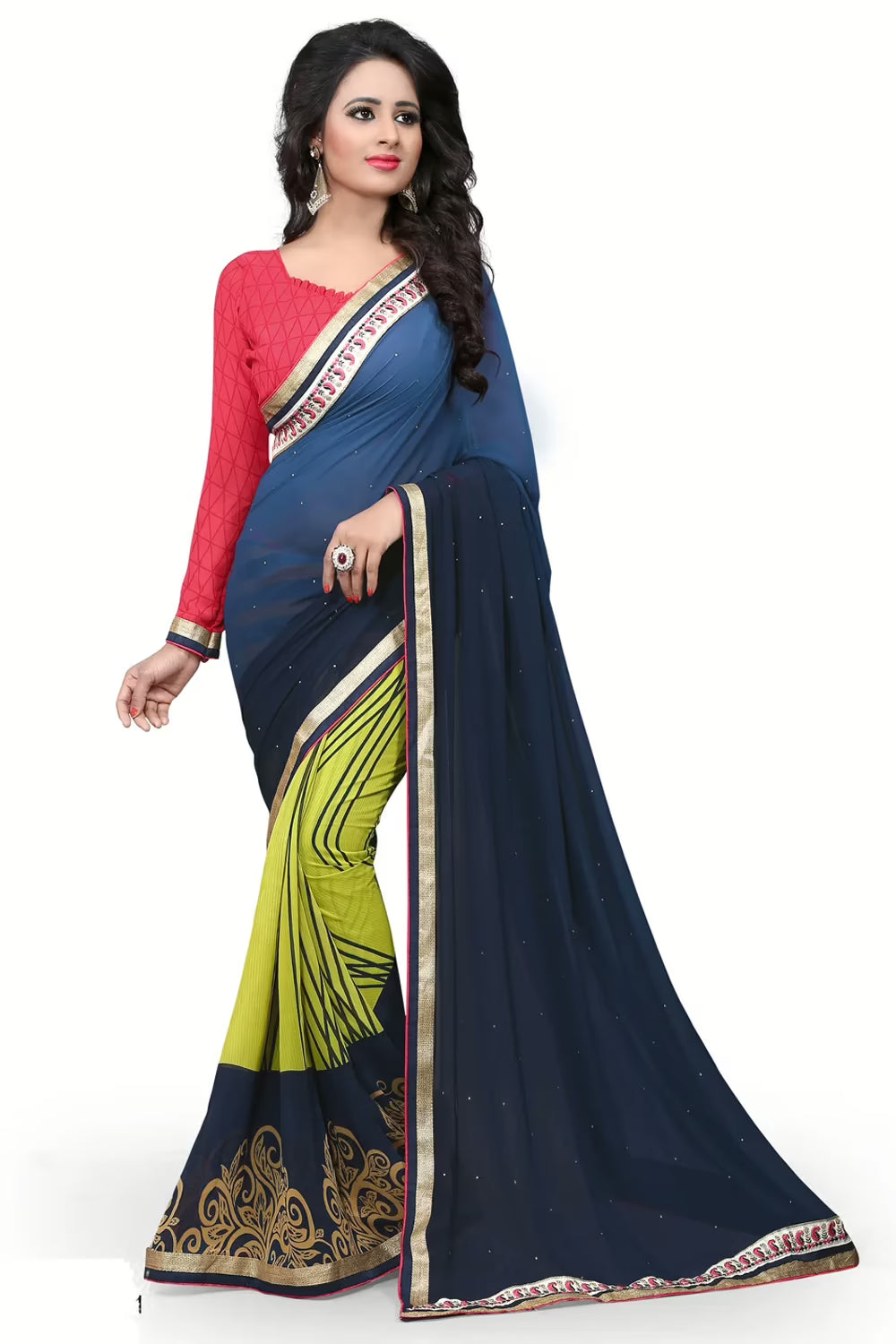 Blue & Green Printed Occation Wear Saree With Matching Blouse Piec