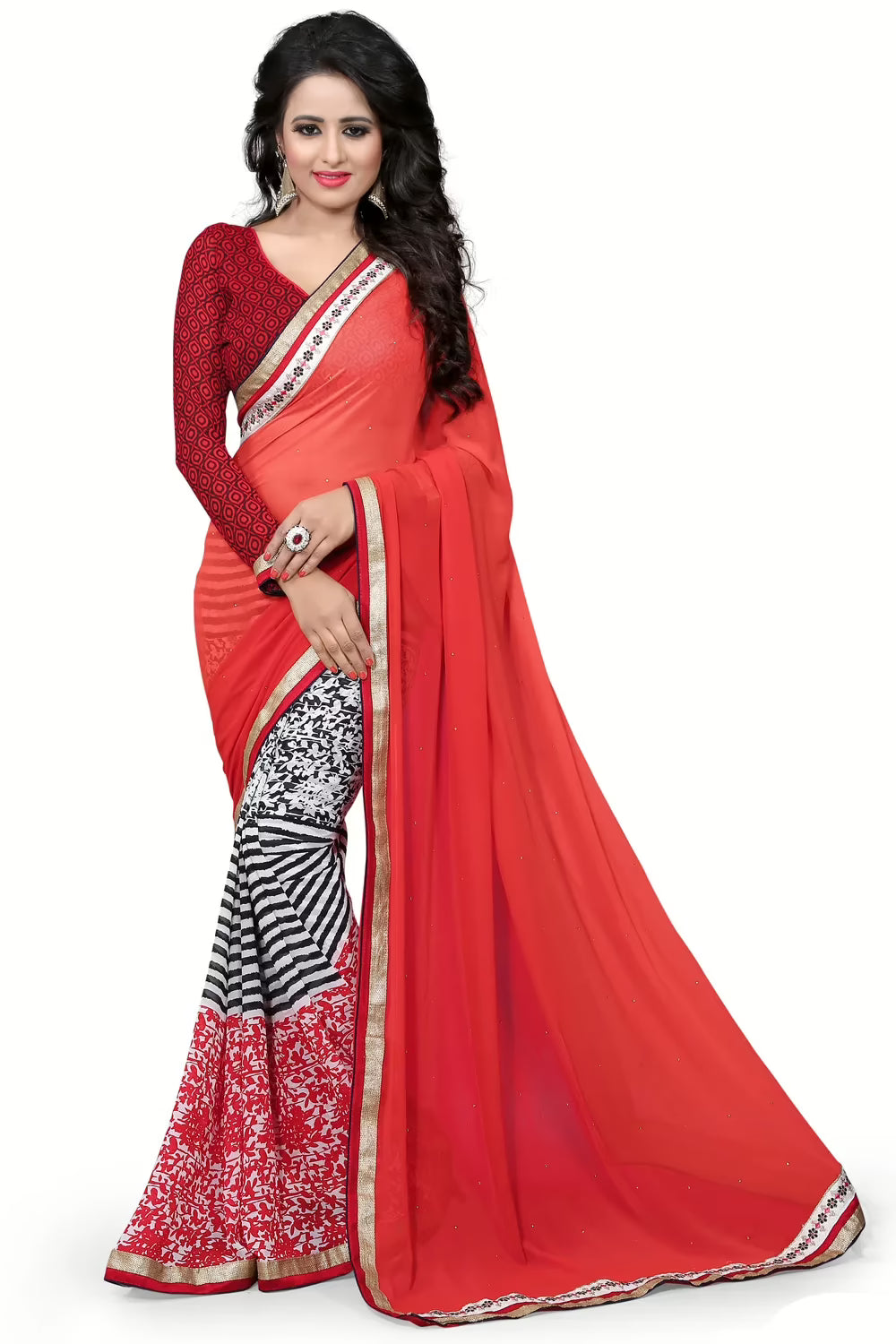 Multi Colour Georgette Printed Occation Wear Saree With Matching Blouse Piece