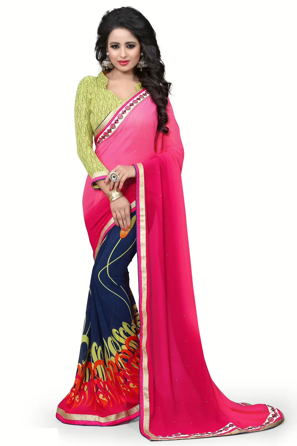 Peach & Blue Printed Occation Wear Saree With Matching Blouse Piece