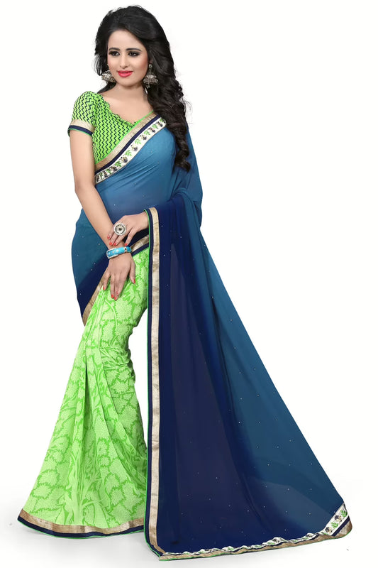 Blue & Green Printed Occation Wear Saree With Matching Blouse Piece