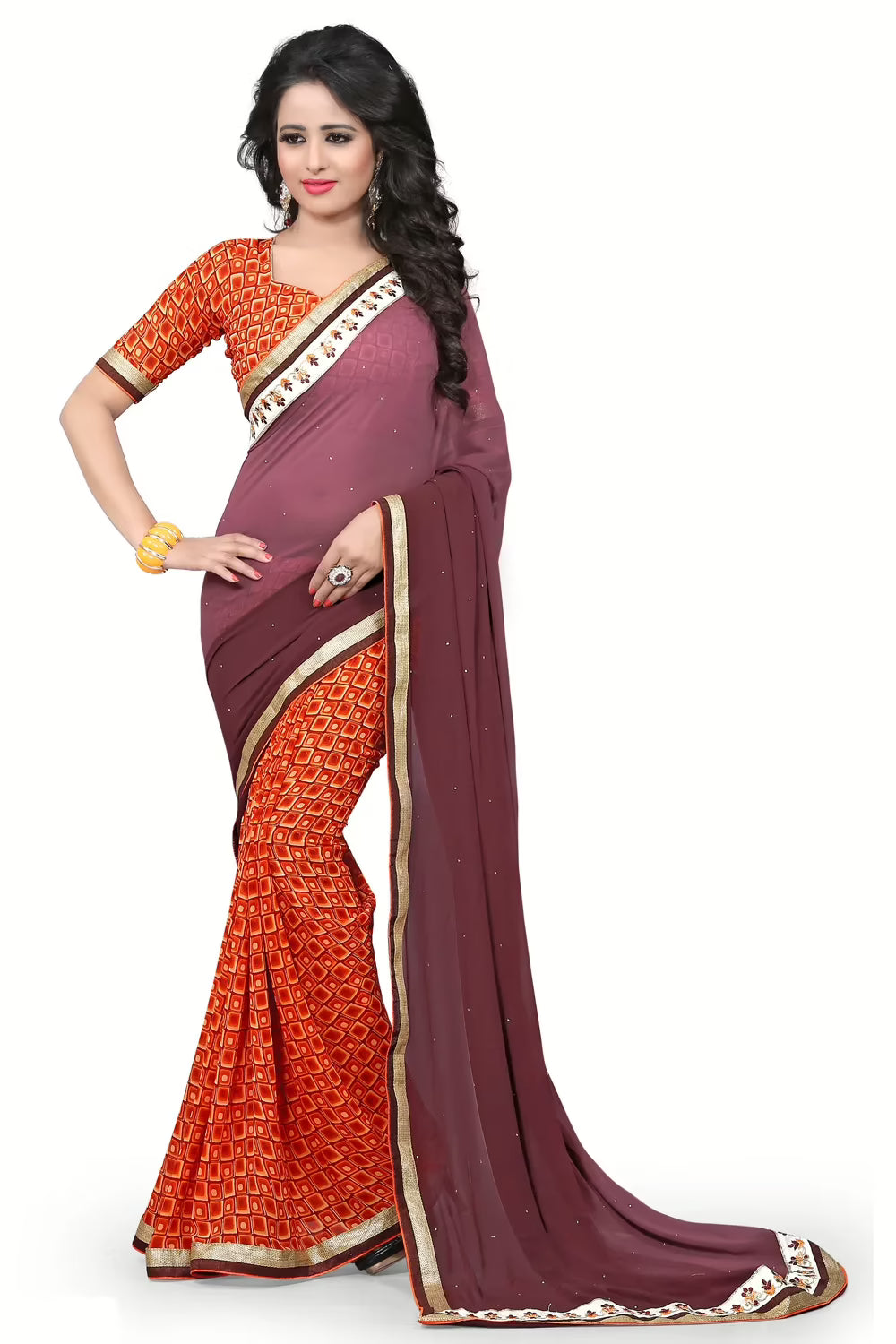 Brown & Orange Printed Occation Wear Saree With Matching Blouse Piece