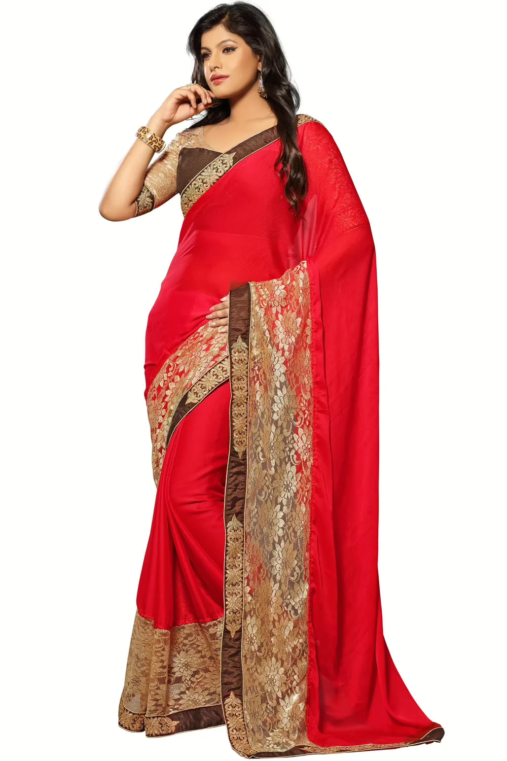 Akriti Red & Brown Traditional Saree With Matching Blouse Piece