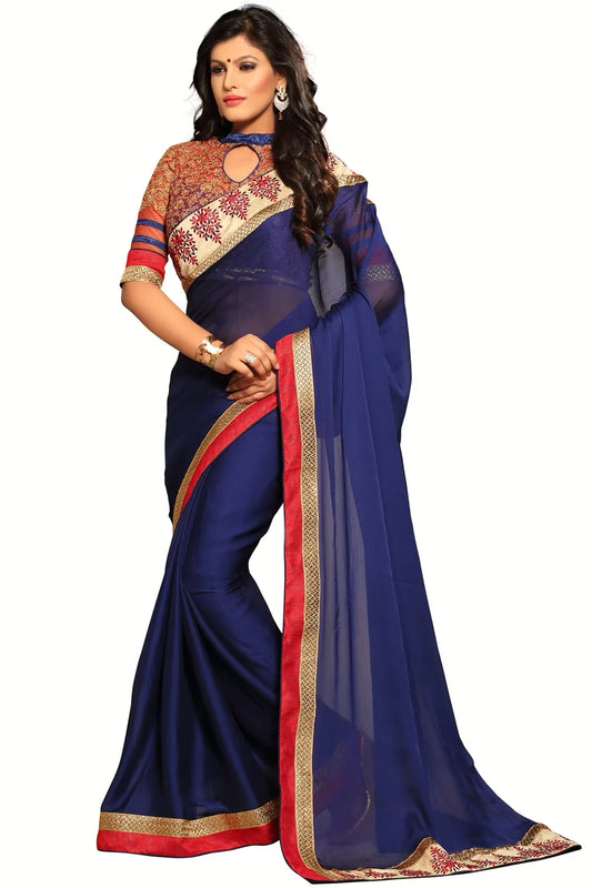 Akriti Navy Blue Traditional Saree With Matching Blouse Piece