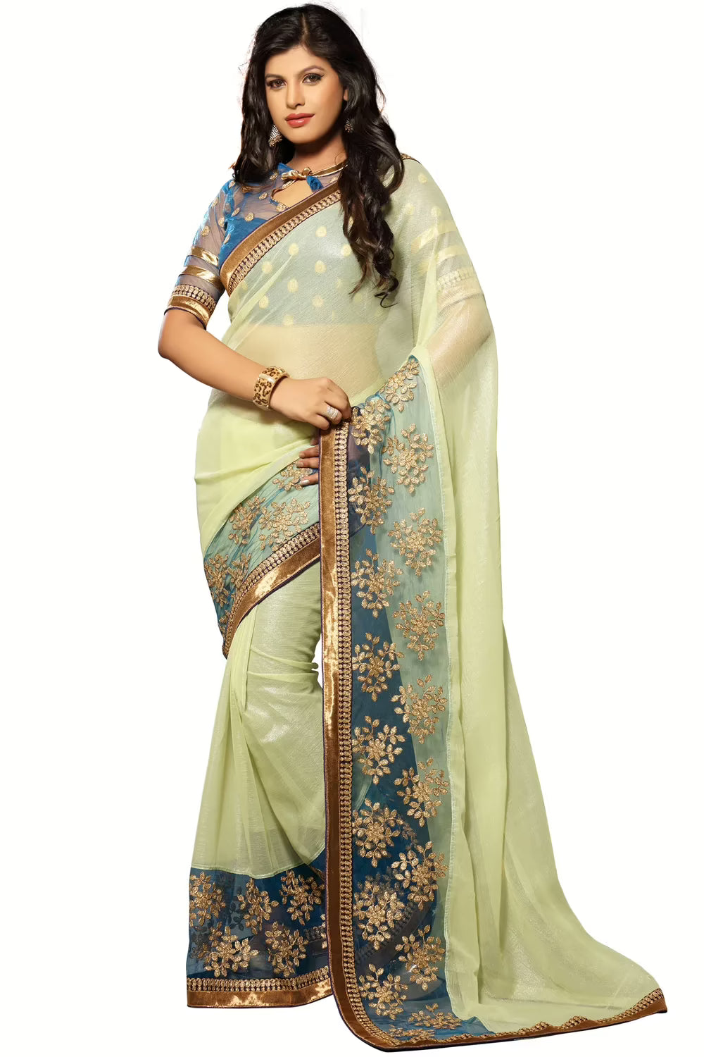 Akriti Cream & Blue Traditional Saree With Matching Blouse Piece
