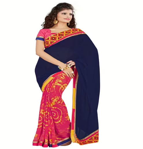 Royal Blue & Pink Colour Georgette Occation Wear Traditional Saree With Matching Blouse Piece