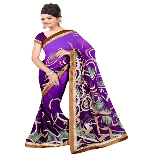 Purple Colour Chiffon Floral Printed Occation Wear Traditional Saree With Matching Blouse Piece