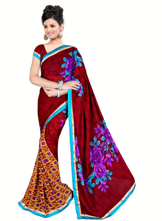 Akruti Maroon Printed Traditional Designer Saree With Matching Blouse Piece