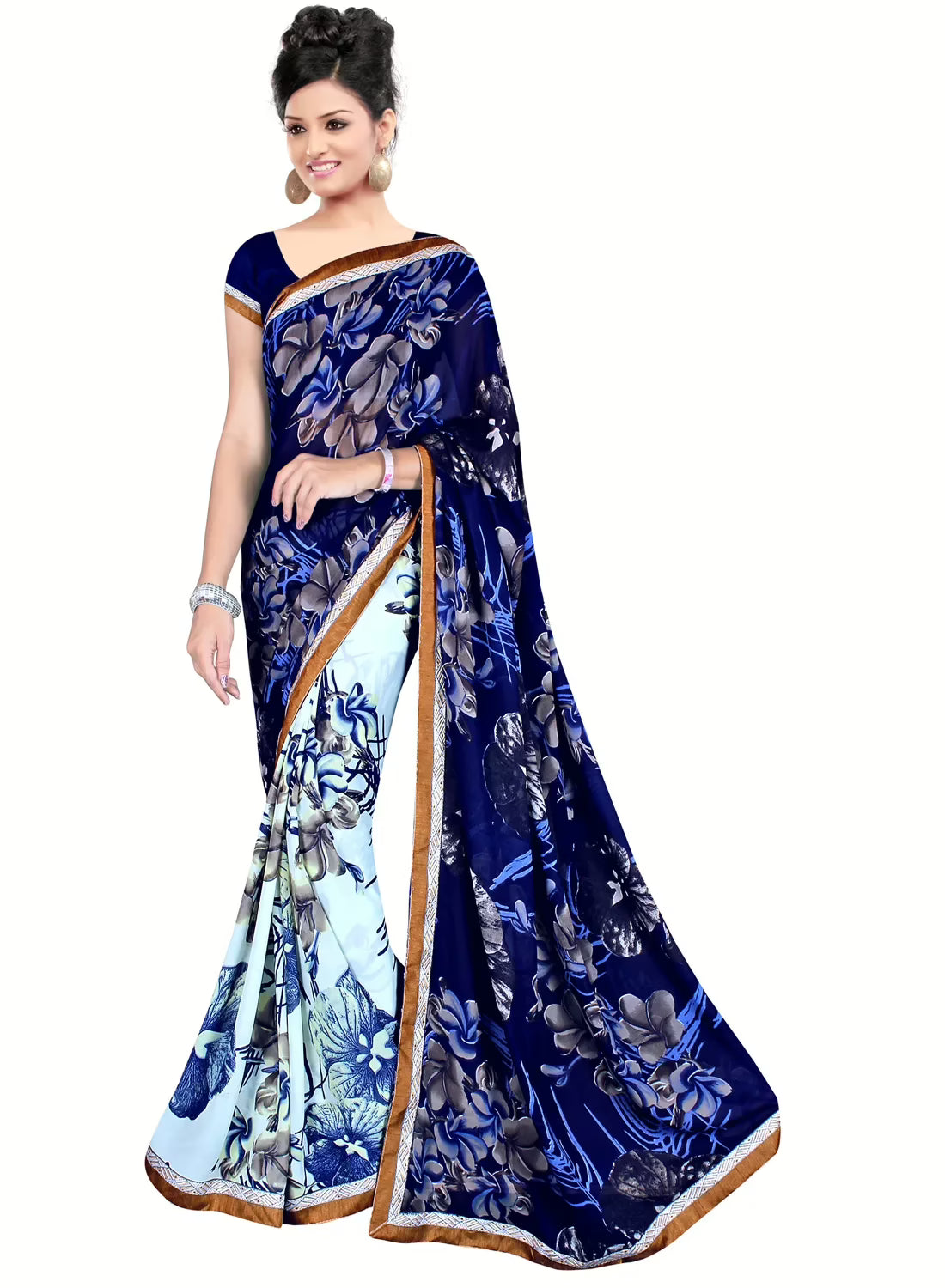 Akruti Blue Printed Traditional Designer Saree With Matching Blouse Piece
