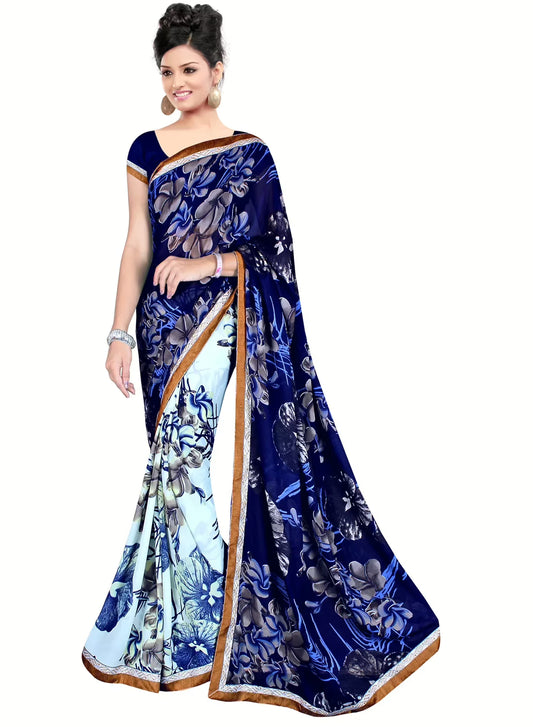 Akruti Blue Printed Traditional Designer Saree With Matching Blouse Piece