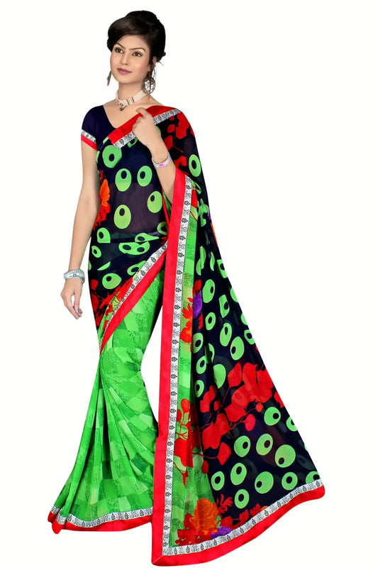 Alka Blue & Green Floral Printed Traditional Saree With Matching Blouse Piece