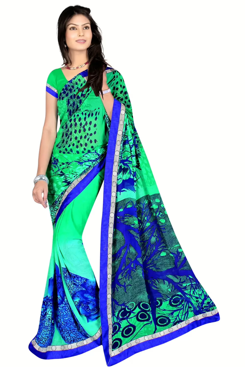 Alka Green & Blue Floral Printed Traditional Saree With Matching Blouse Piece