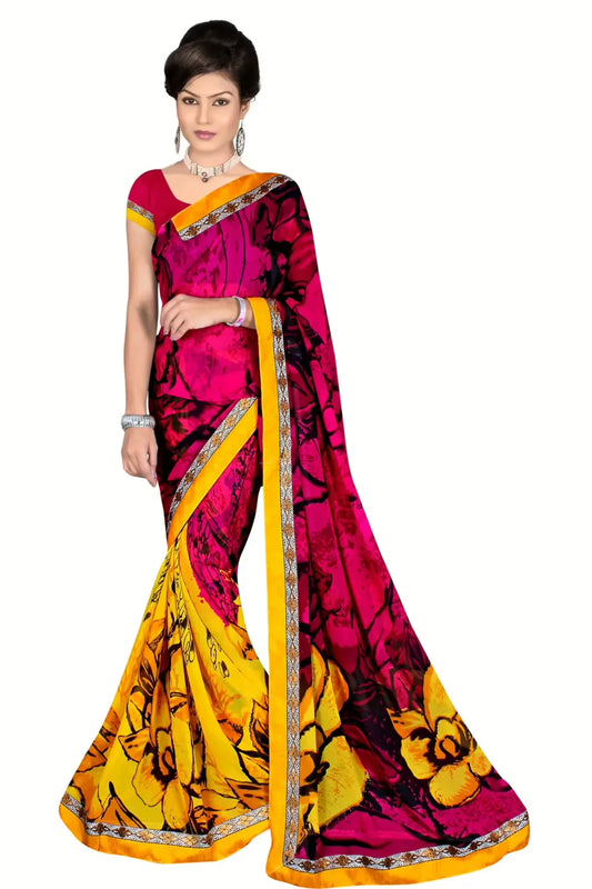 Alka Mustard & Magenta Floral Printed Traditional Saree With Matching Blouse Piece