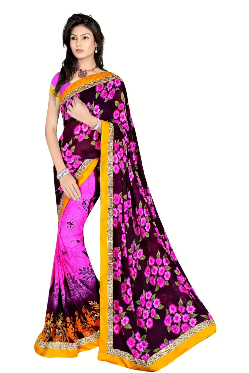 Alka Deep Purple & Maroon Floral Printed Traditional Saree With Matching Blouse Piece