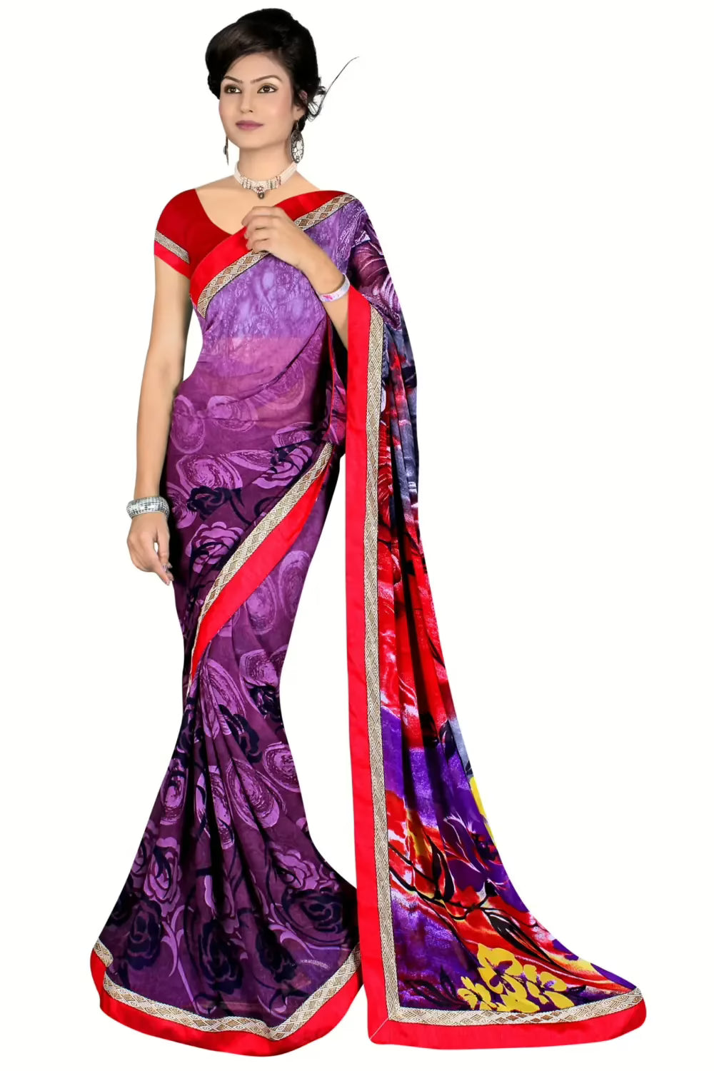Alpana Purple Georgette Traditional Saree With Matching Blouse Piece