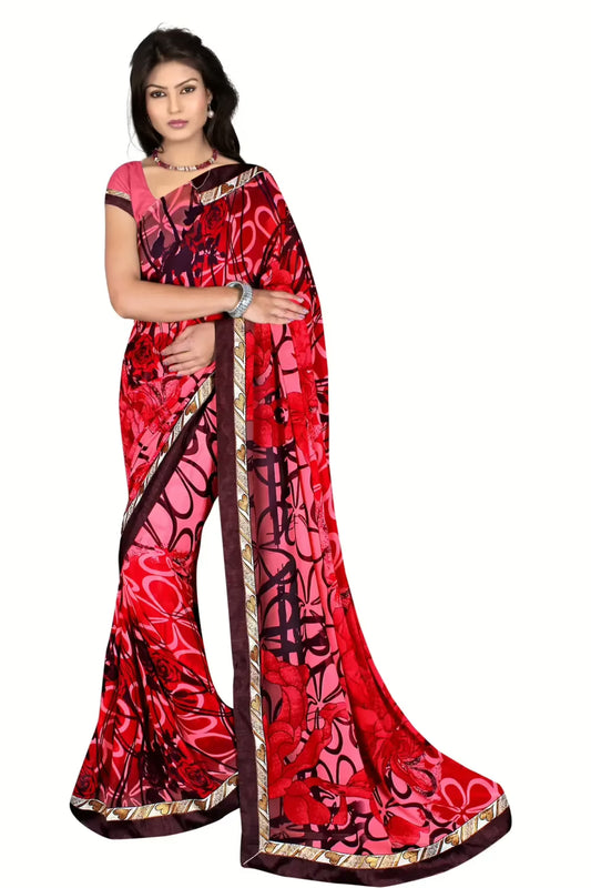 Alka Red Floral Printed Traditional Saree With Matching Blouse Piece