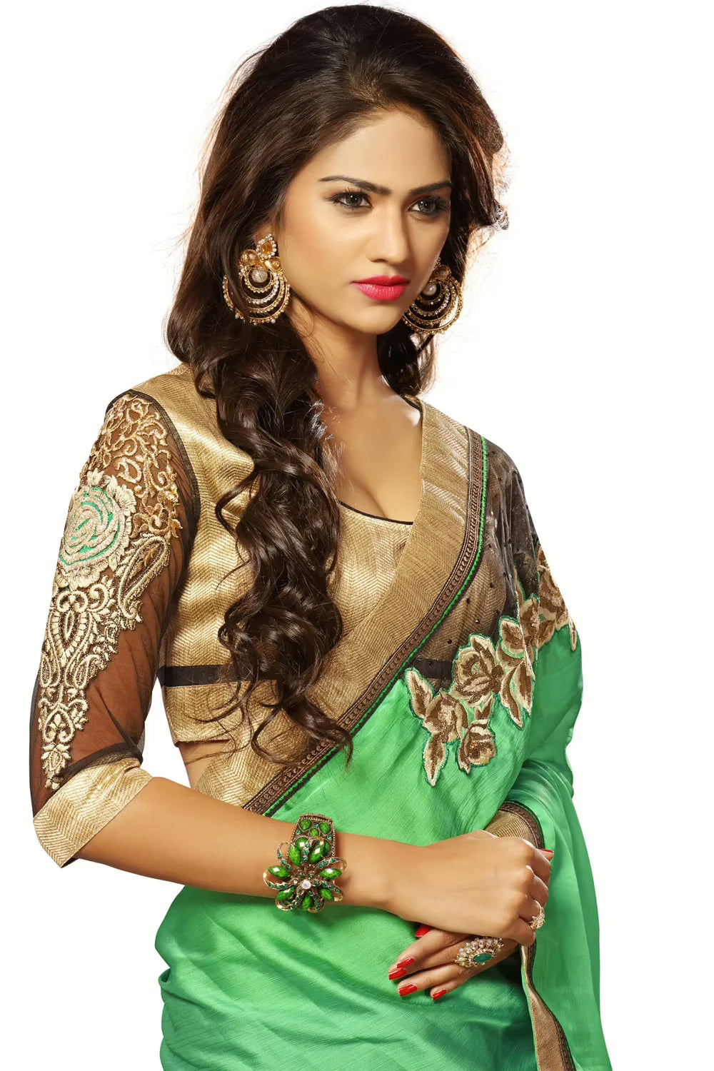 Alisha Green Embroidered Traditional Designer Party Wear Saree With Matching Blouse Piece