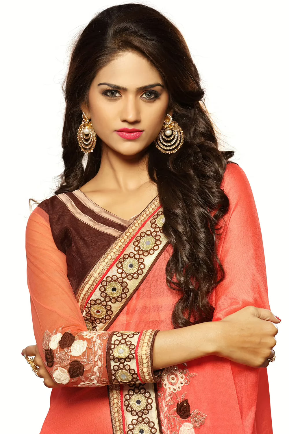 Alisha Peach Embroidered Traditional Designer Party Wear Saree With Matching Blouse Piece