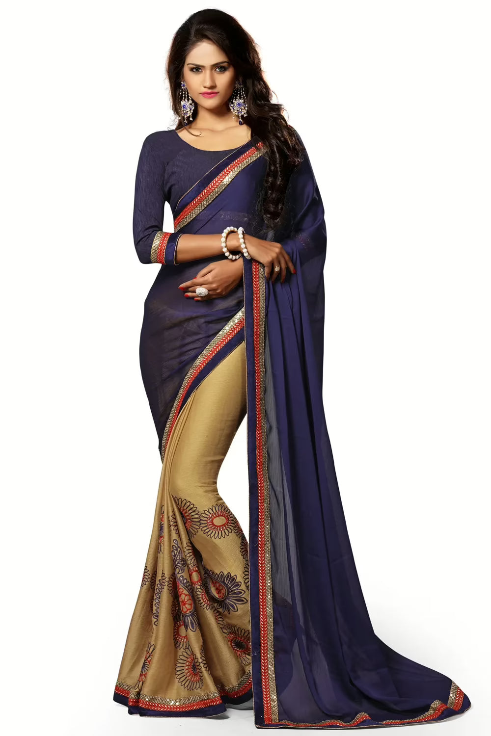 Alisha Blue Embroidered Traditional Designer Party Wear Saree With Matching Blouse Piece