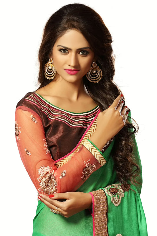 Alisha Green Embroidered Traditional Designer Party Wear Saree With Matching Blouse Piece