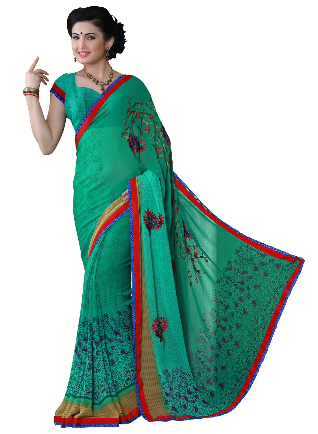 Alpana Red Georgette Traditional Saree With Matching Blouse Piece