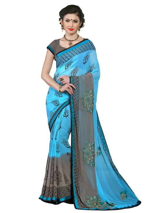 Alpana Sky Blue Georgette Traditional Saree With Matching Blouse Piece