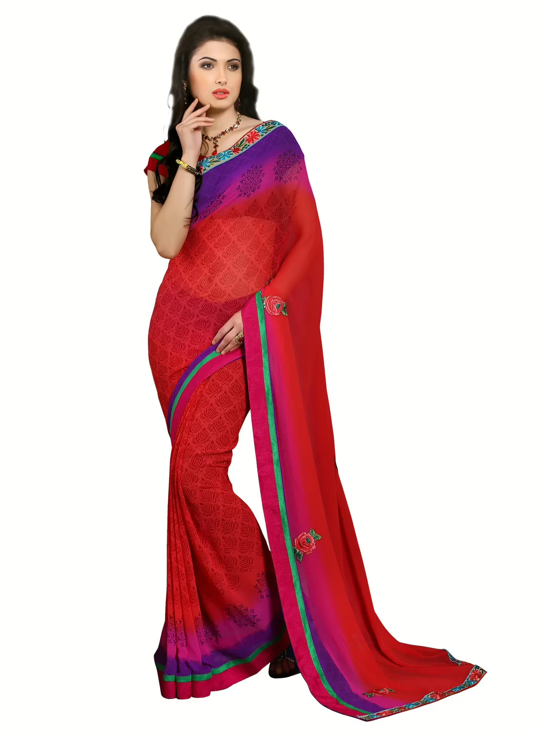 Alpana Red Georgette Traditional Saree With Matching Blouse Piece