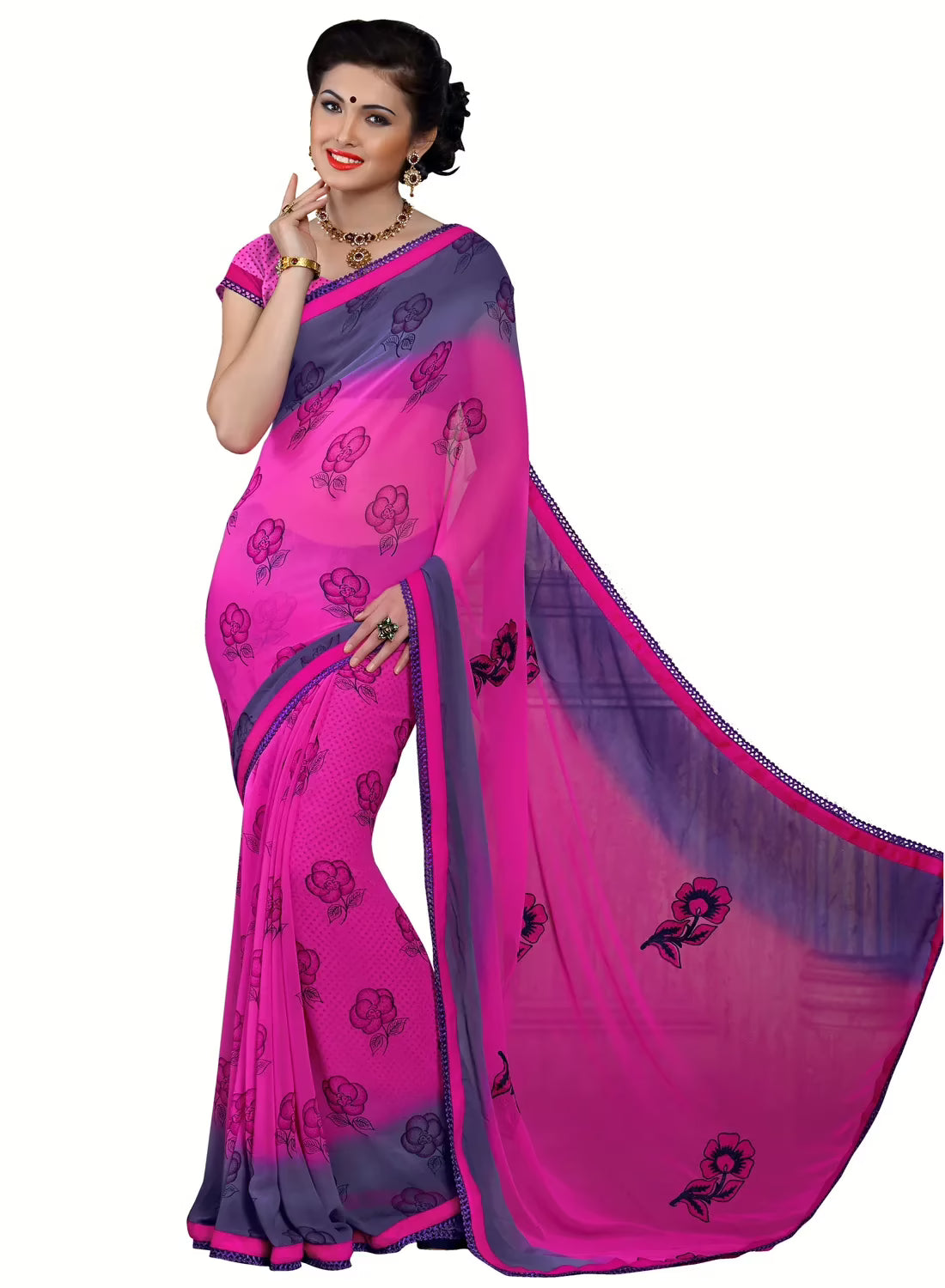 Alpana Purple Georgette Traditional Saree With Matching Blouse Piece