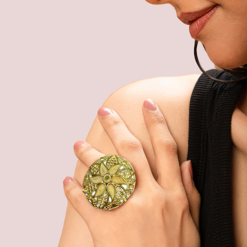 Vintage Floral Gold-Plated Statement Ring