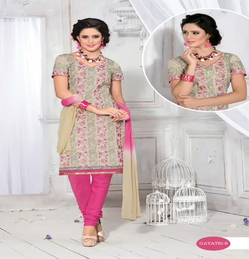 Gayatri-B Cotton Cream & Green Color Unstitched Suit