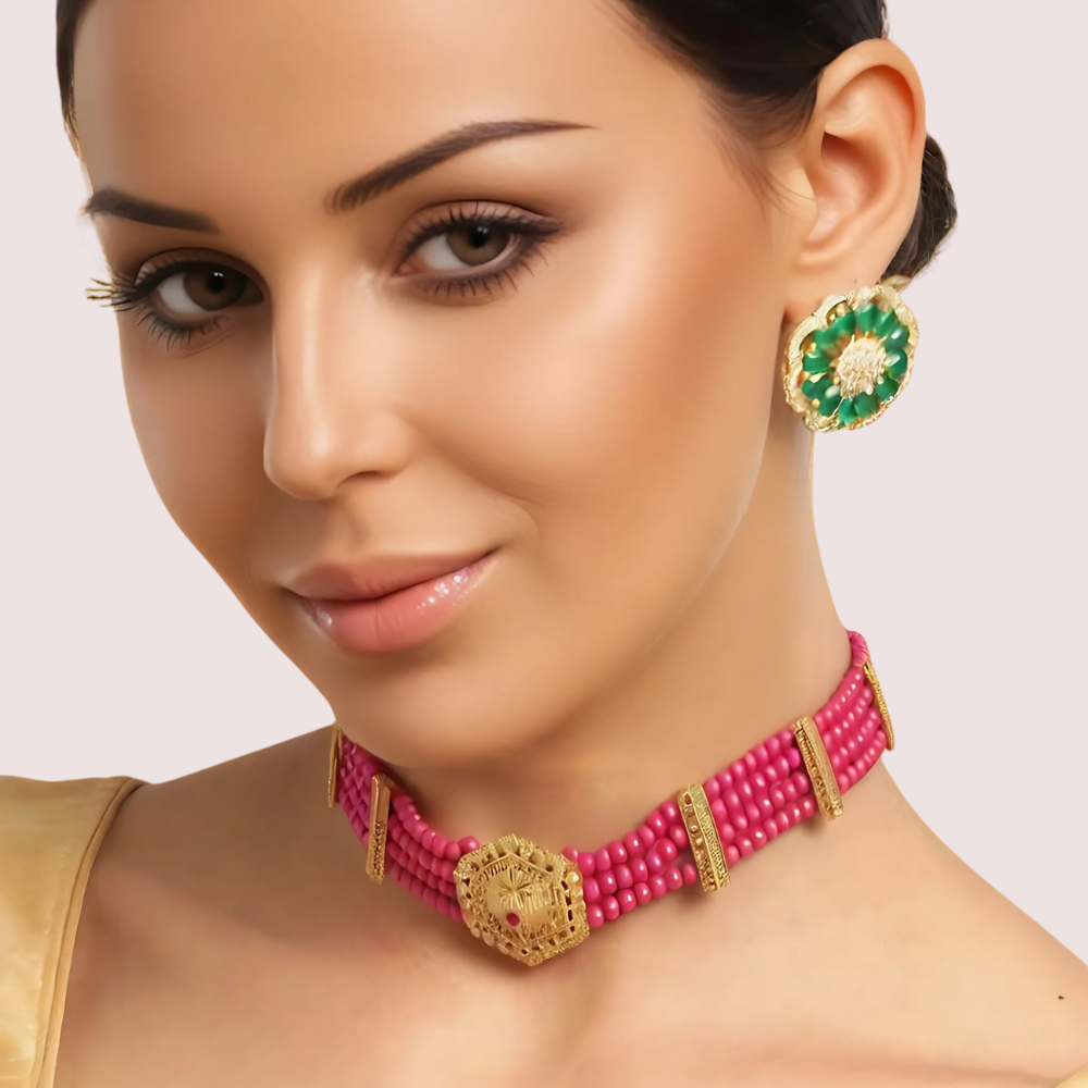 HexaCharm Red Beaded Necklace with Golden Hexagon Pendant