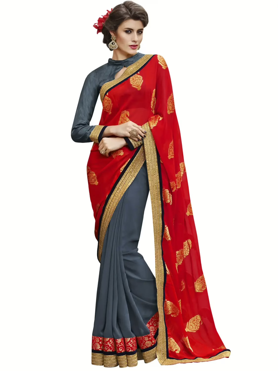 Red & Grey Traditional Designer Saree With Matching Blouse Piece