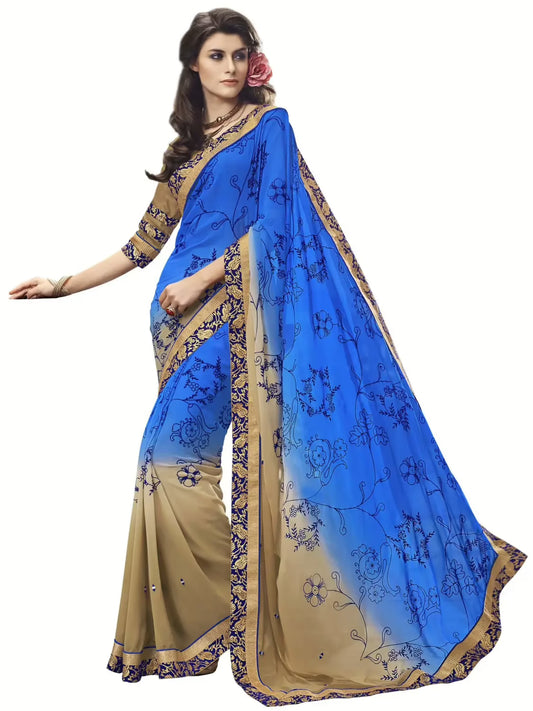 Blue & Beige Shaded Traditional Designer Saree With Matching Blouse Piece