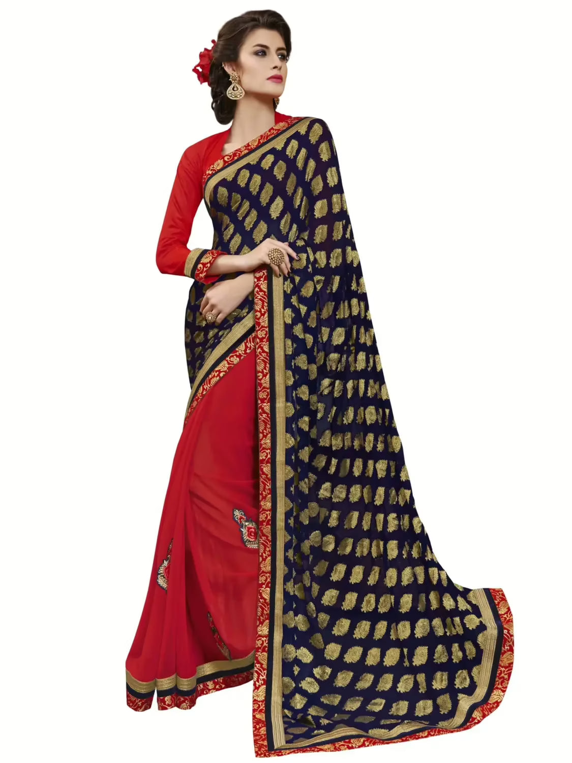 Navy Blue & Red Traditional Designer Saree With Matching Blouse Piece