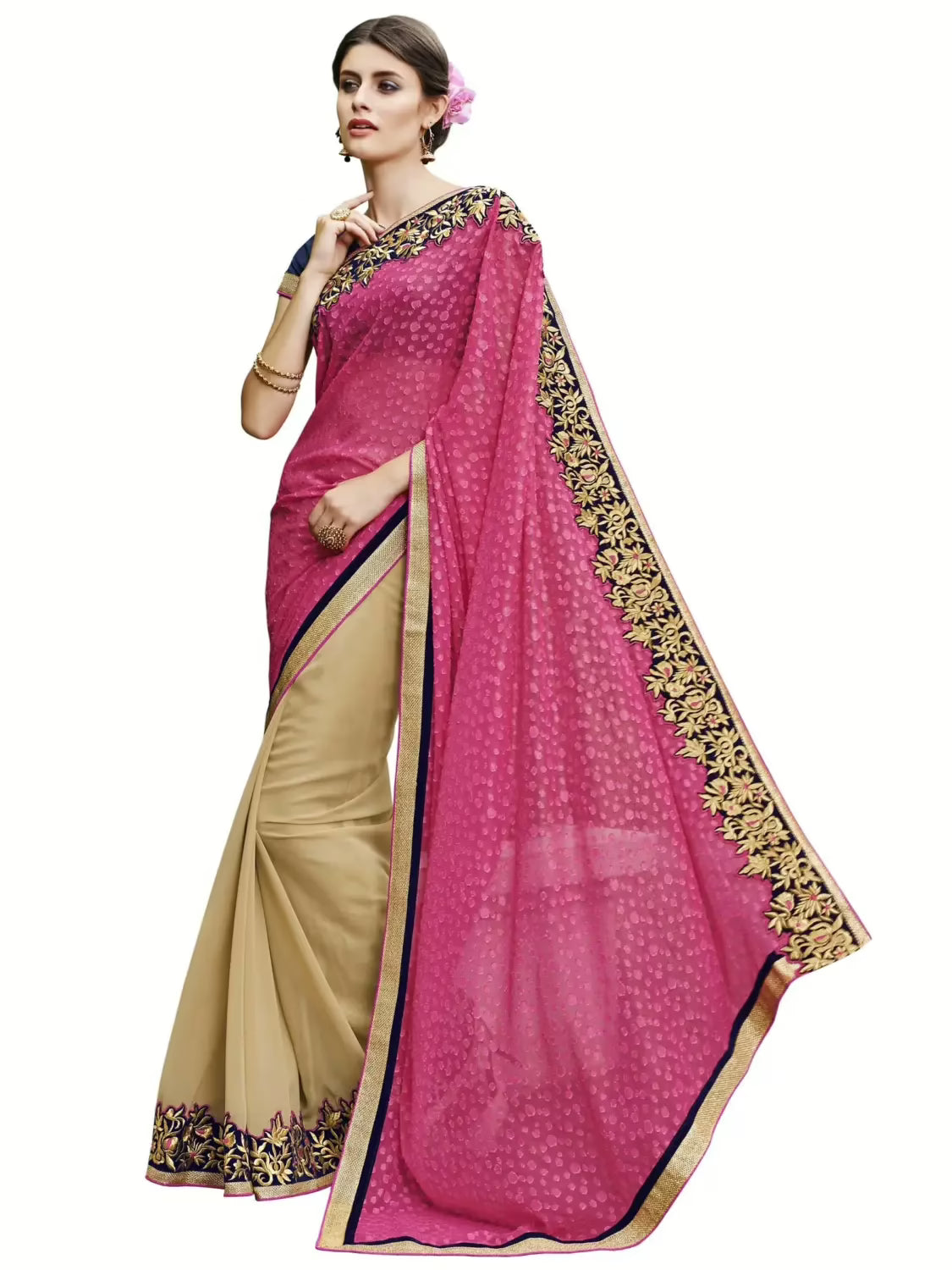 Pink & Beige Traditional Designer Saree With Matching Blouse Piece