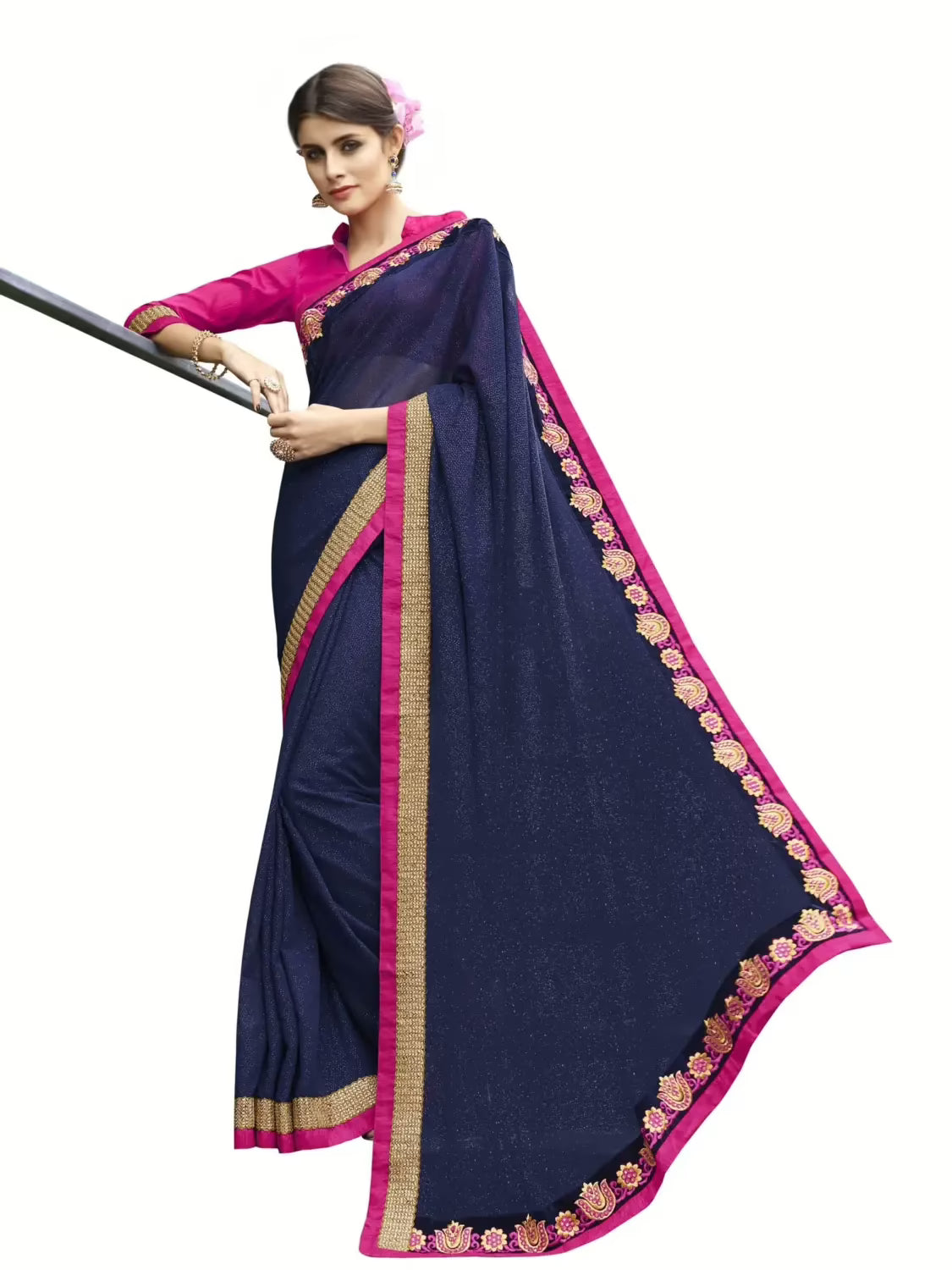Navy Blue Traditional Designer Saree With Matching Blouse Piece