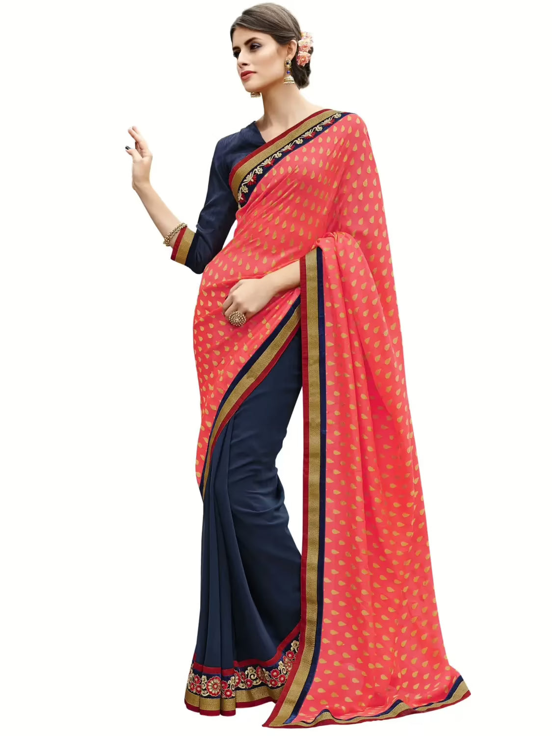Pink & Navy Blue Traditional Designer Saree With Matching Blouse Piece