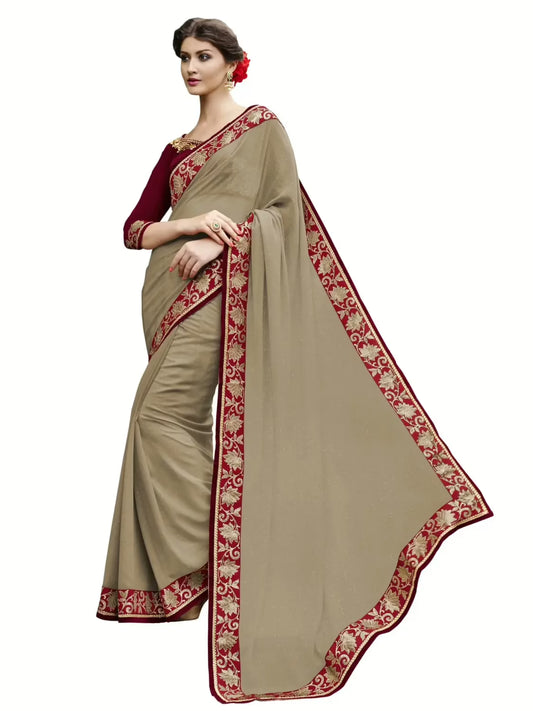 Chikoo Traditional Designer Saree With Matching Blouse Piece