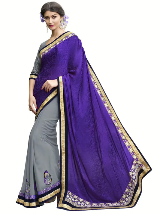Violet & Grey Traditional Designer Saree With Matching Blouse Piece