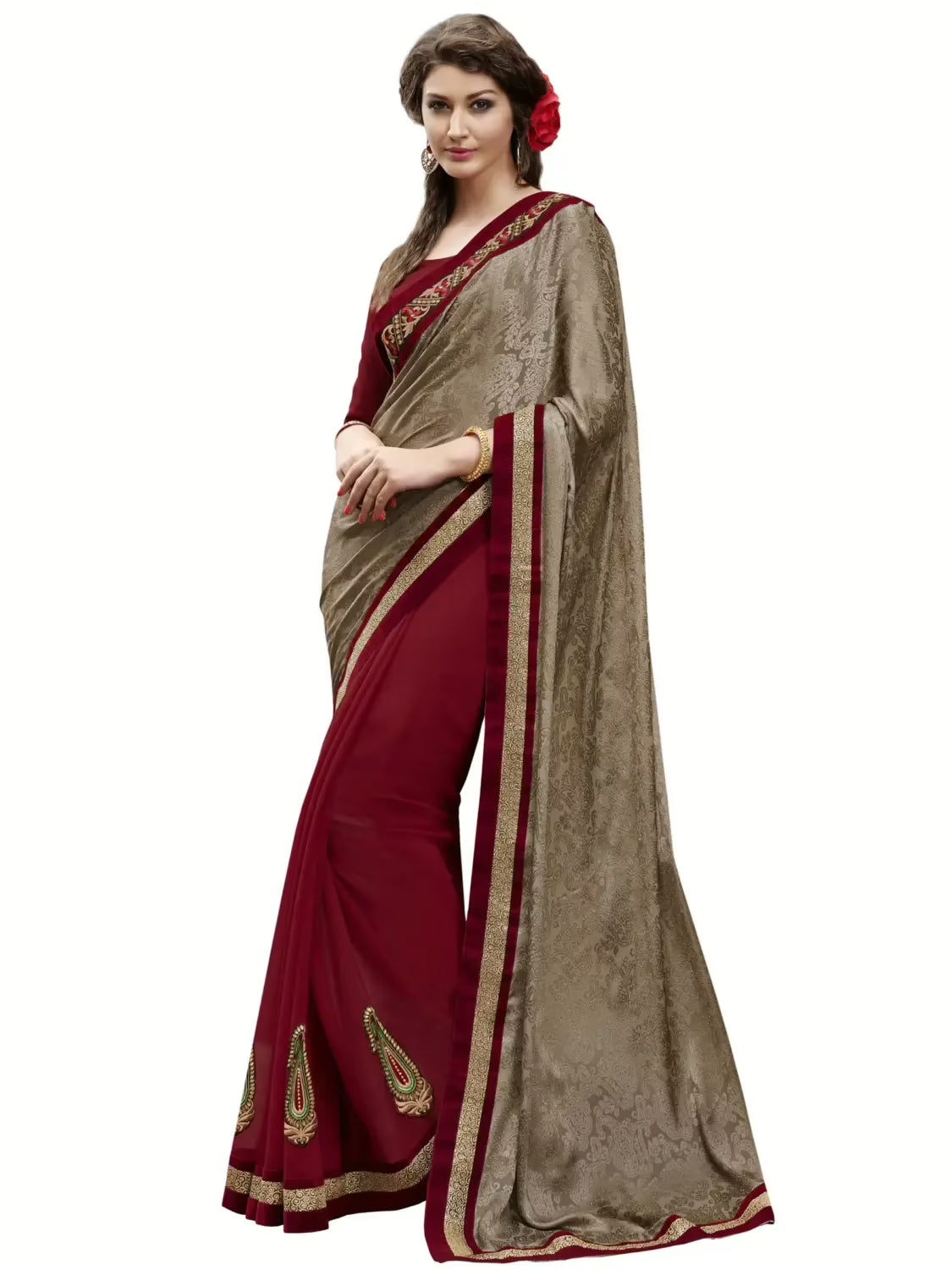 Chocolate Brown & Maroon Traditional Designer Saree With Matching Blouse Piece