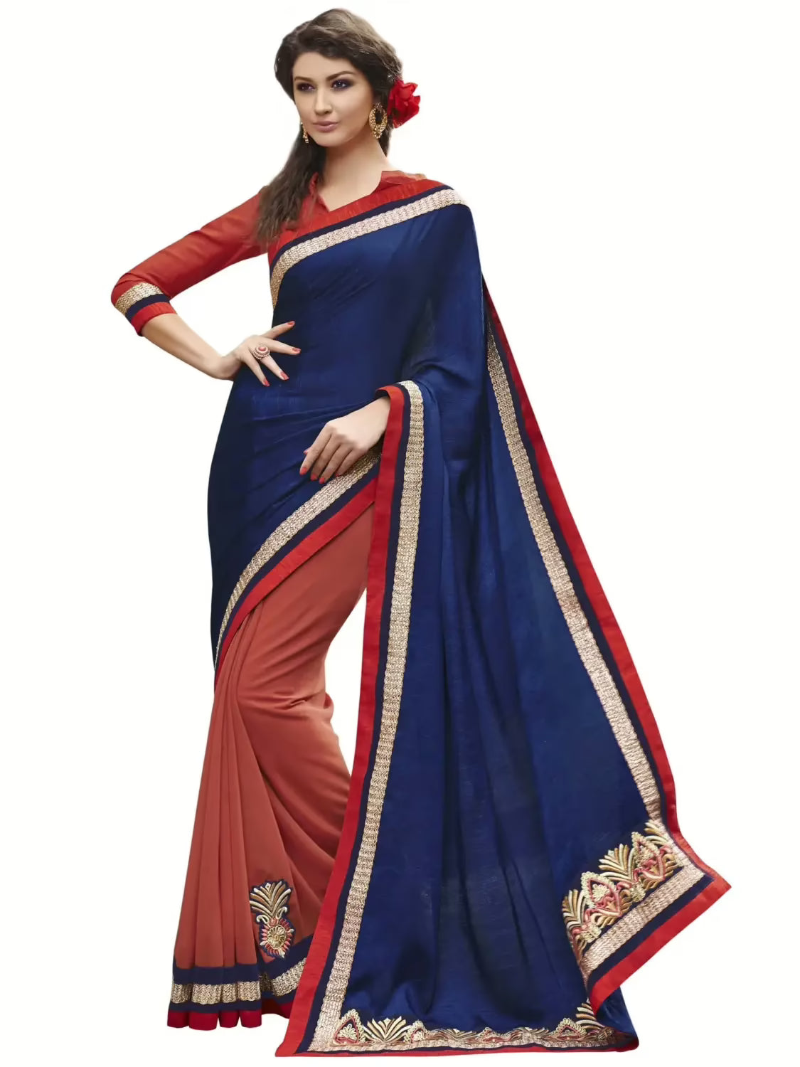 Navy Blue Traditional Designer Saree With Matching Blouse Piece