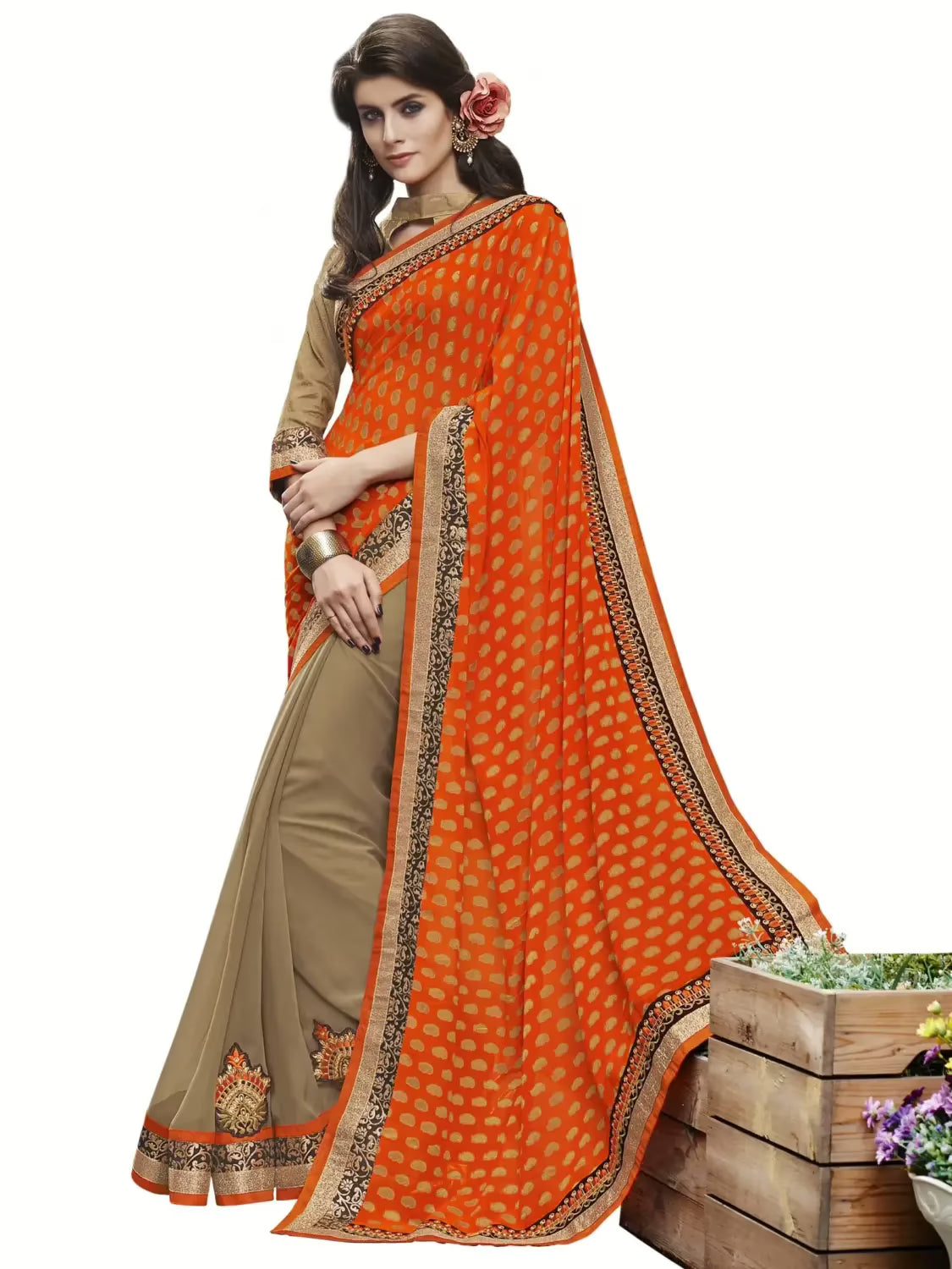 Orange & Beige Traditional Designer Saree With Matching Blouse Piece