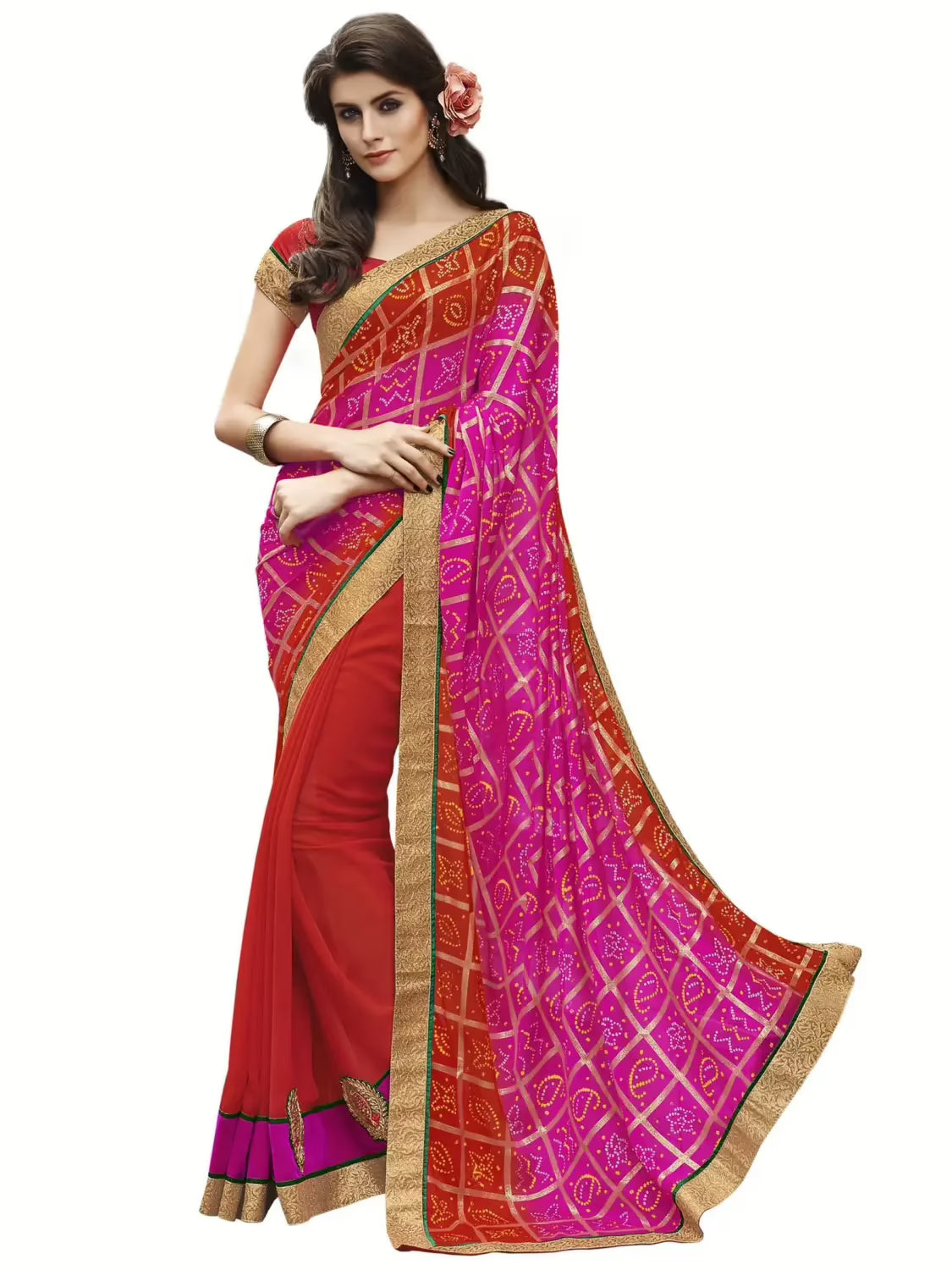 Pink & Red Traditional Designer Saree With Matching Blouse Piece